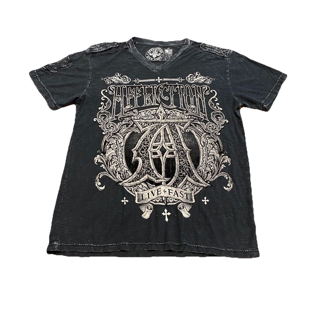 Men’s Affliction Tee Shirt AOP Y2K UFC MMA Elite Style Distressed L Black V Neck